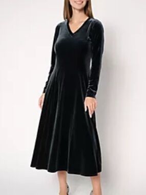 Attitudes By Renee Velvet Dress Black Long Sleeve Fit & Flare Swing Midi Goth S
